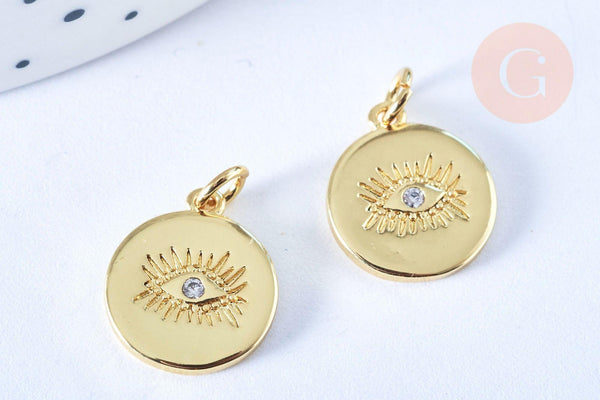 Pendentif médaille ronde oeil laiton doré zircon 15mm, x1 (G3179)