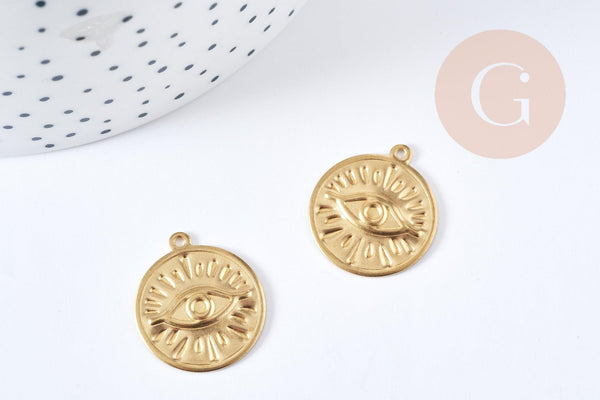 Pendentif médaille ronde oeil protecteur laiton brut 23mm, un apprêt doré sans nickel,une médaille dorée en laiton brut, x1 G8822