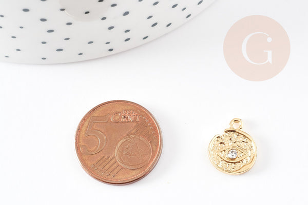 Pendentif médaille ronde oeil zamac doré 18K texturé zircon 14.5mm, pendentif doré pour la création médaille or, 14.5mm, x1 G4750