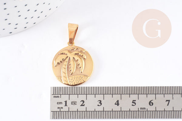 Pendentif médaille ronde palmier acier doré 25mm, x1 (G2752)