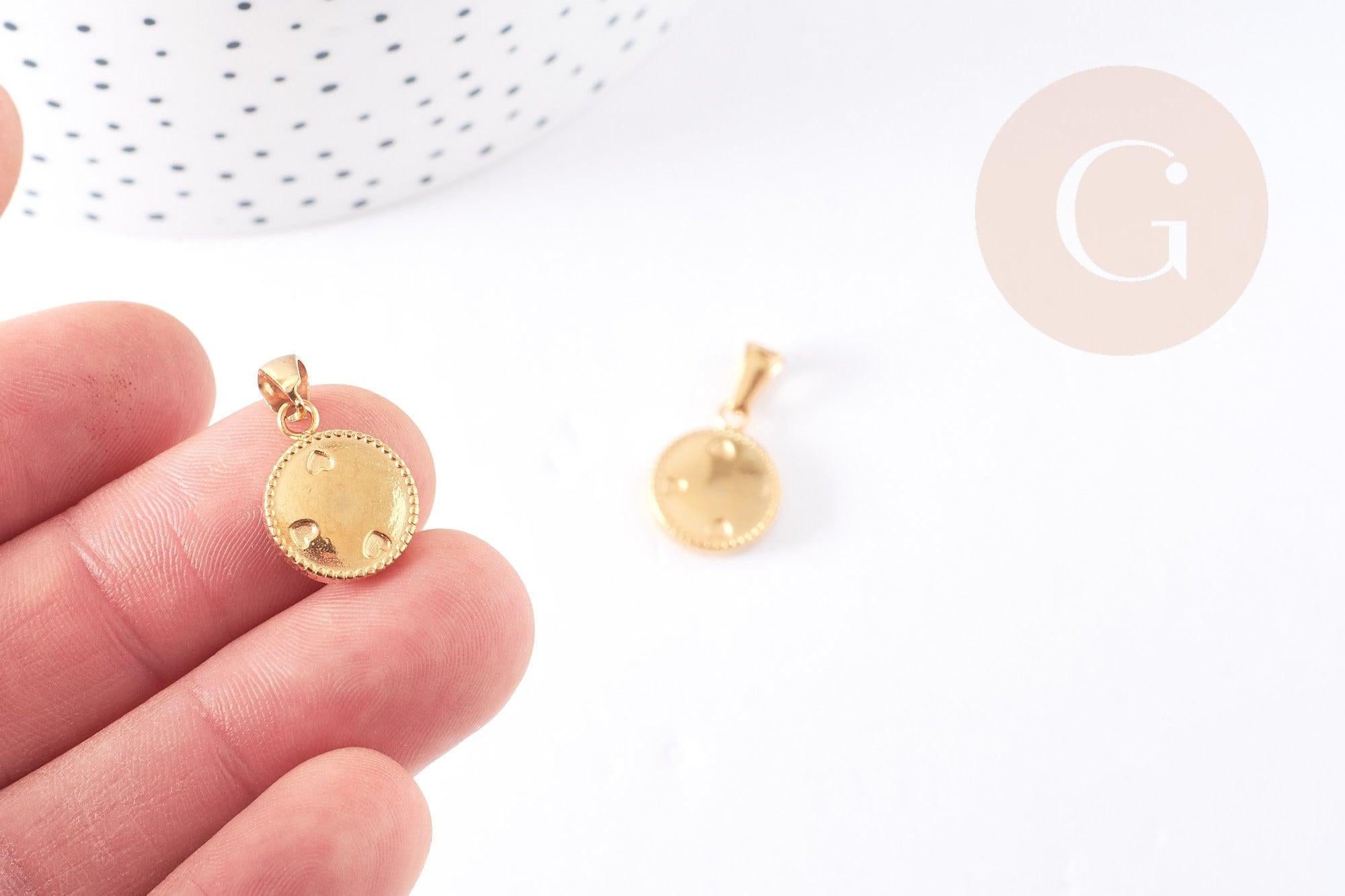 Pendentif médaille ronde petits coeurs acier doré, pendentif doré,sans nickel, acier doré, création bijoux,médaille or,16mm,x1 (G3050)