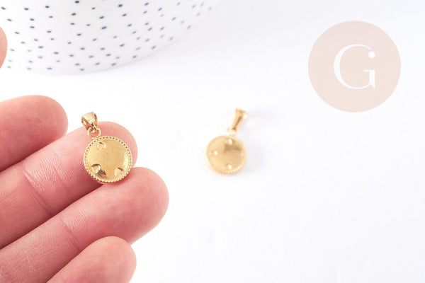 Pendentif médaille ronde petits coeurs acier doré, pendentif doré,sans nickel, acier doré, création bijoux,médaille or,16mm,x1 (G3050)
