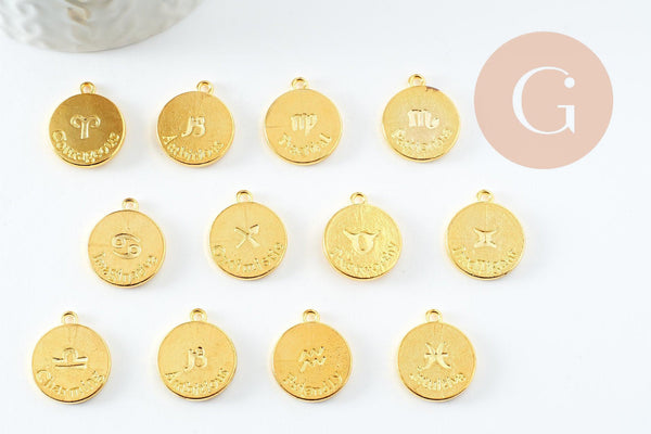 Pendentif médaille ronde signa astrologique zamac doré 20mm, x1 (G4814)