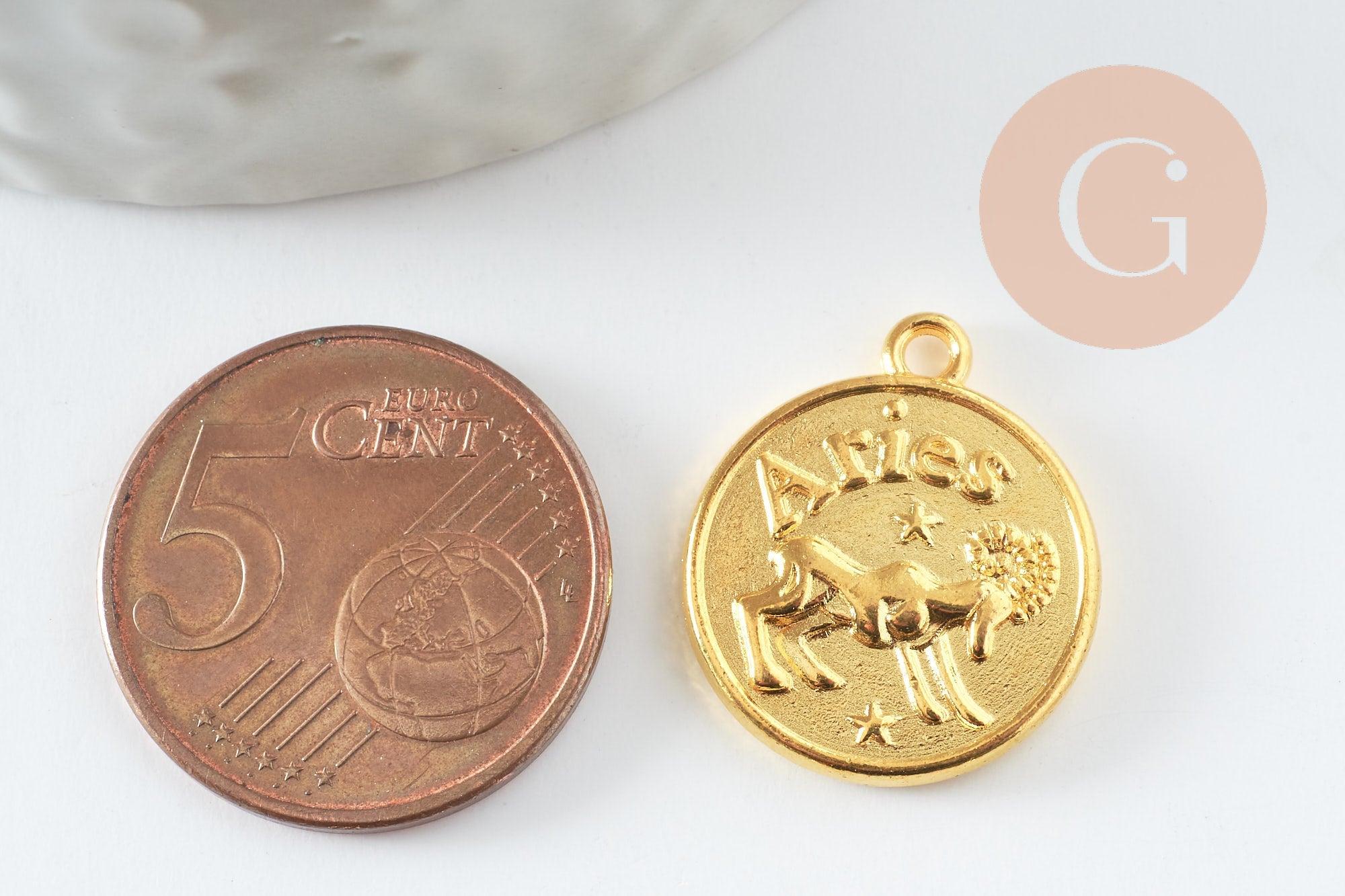 Pendentif médaille ronde signa astrologique zamac doré 20mm, x1 (G4814)