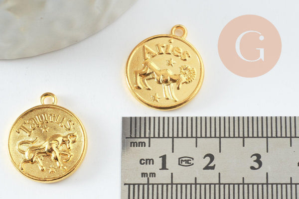 Pendentif médaille ronde signa astrologique zamac doré 20mm, x1 (G4814)