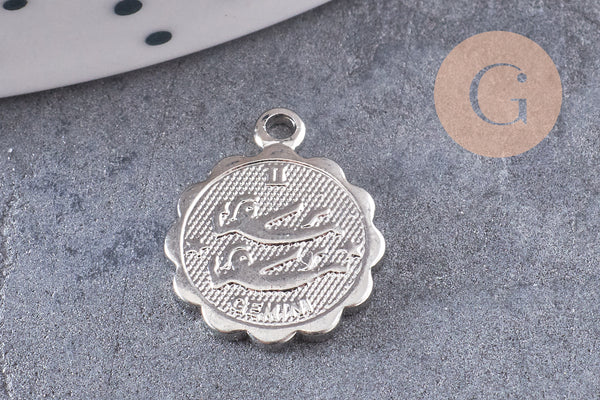 Pendentif médaille ronde signe astrologique laiton argenté 14mm, x1 (G3462)