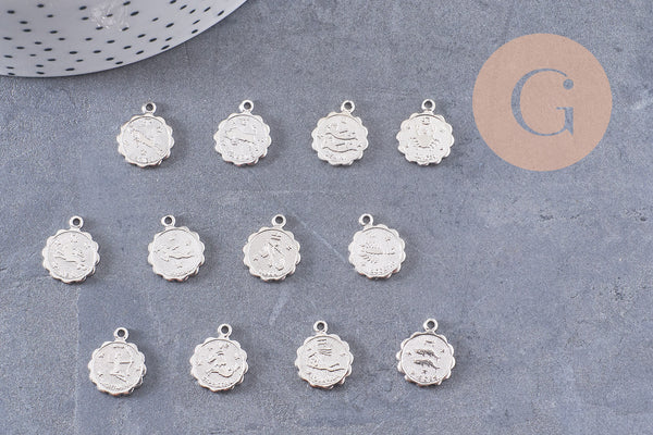 Pendentif médaille ronde signe astrologique laiton argenté 14mm, x1 (G3462)