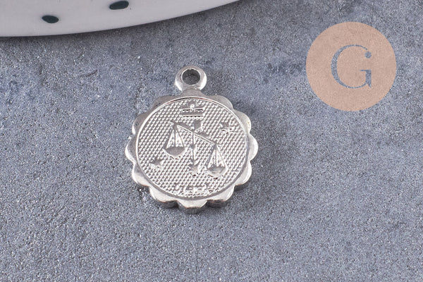 Pendentif médaille ronde signe astrologique laiton platine 14mm, x1 (G3462)