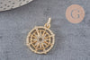 Pendentif médaille ronde soleil boussole laiton doré 18K zircons, un pendentif doré avec cristal pour création bijoux,21mm, x1 (G3552)