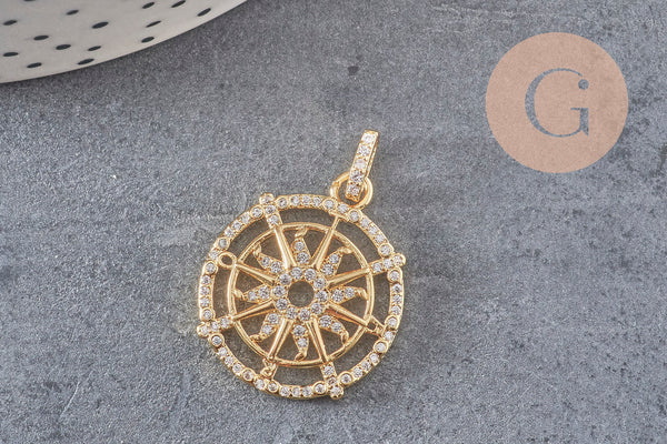Pendentif médaille ronde soleil boussole laiton doré 18K zircons, un pendentif doré avec cristal pour création bijoux,21mm, x1 (G3552)
