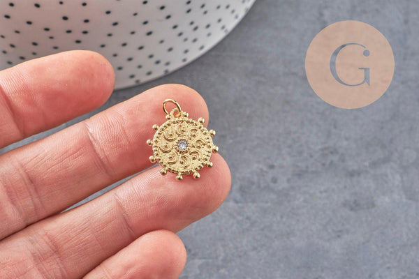 Pendentif médaille ronde soleil laiton doré zircon blanc, un pendentif doré avec cristal pour création bijoux,18mm, x1 (G4467)