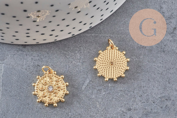 Pendentif médaille ronde soleil laiton doré zircon blanc, un pendentif doré avec cristal pour création bijoux,18mm, x1 (G4467)