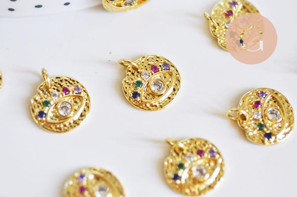 Pendentif médaille ronde texturée oeil laiton doré 18K zircons multicolore 14mm x1 G6258