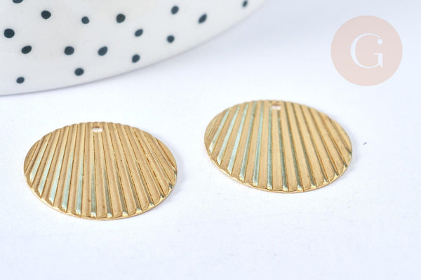 Pendentif médaille ronde texturée striée laiton brut 21mm, apprêt doré sans nickel, une médaille ronde dorée, x5 (G3180)