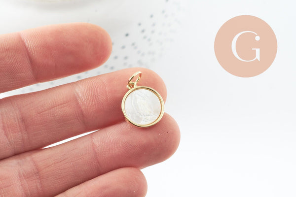 Pendentif médaille ronde vierge nacre naturelle laiton doré 16mm, x1 (G10045)