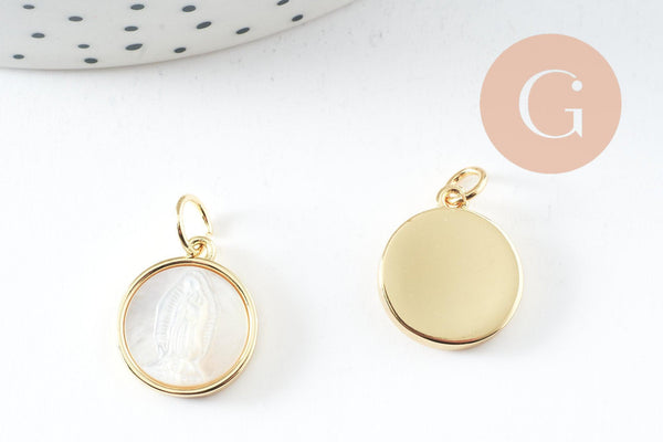 Pendentif médaille ronde vierge nacre naturelle laiton doré 16mm, x1 (G10045)