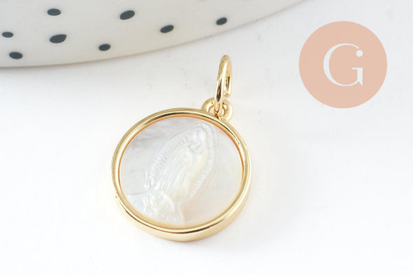 Pendentif médaille ronde vierge nacre naturelle laiton doré 16mm, x1 (G10045)