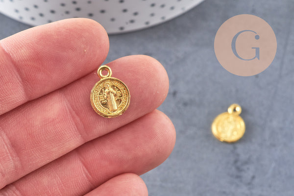 Pendentif médaille rondes Saint Benoit zamac doré 14mm, médaillon religionsans nickel, x10 (G1623)