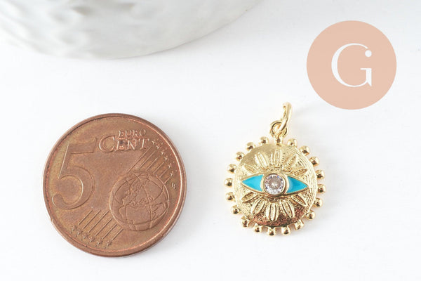Pendentif médaille soleil oeil émail bleu laiton doré 18K et cristal zircon,pendentif laiton chance pour création bijoux,17mm, x1 (G5278)