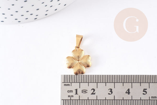 Pendentif médaille trèfle 4 feuilles acier doré 18mm, x1 (G2627)