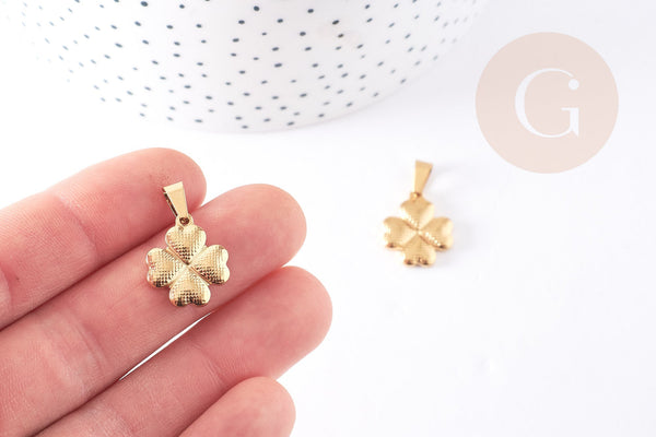 Pendentif médaille trèfle 4 feuilles acier doré 18mm, x1 (G2627)