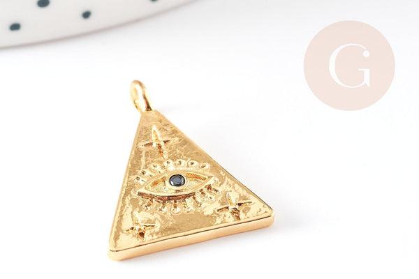 Pendentif médaille triangle oeil laiton doré18K texturé zircon, pendentif doré sans nickel pour la création bijoux,23.5mm, x1 G4469