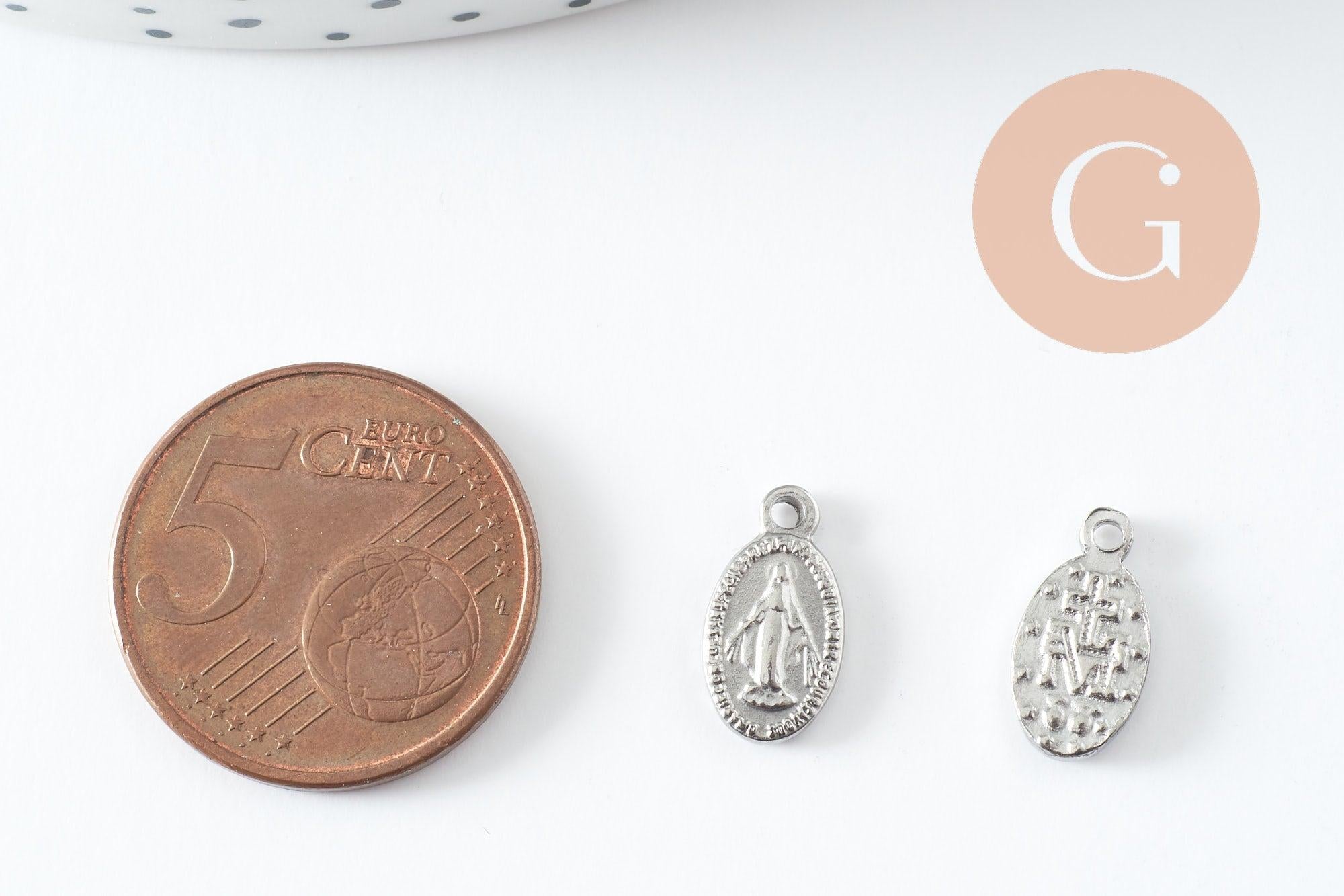 Pendentif médaille vierge ovale acier 304 inoxydable platine 12.5mm, médaille miraculeuse x2 (G9992)