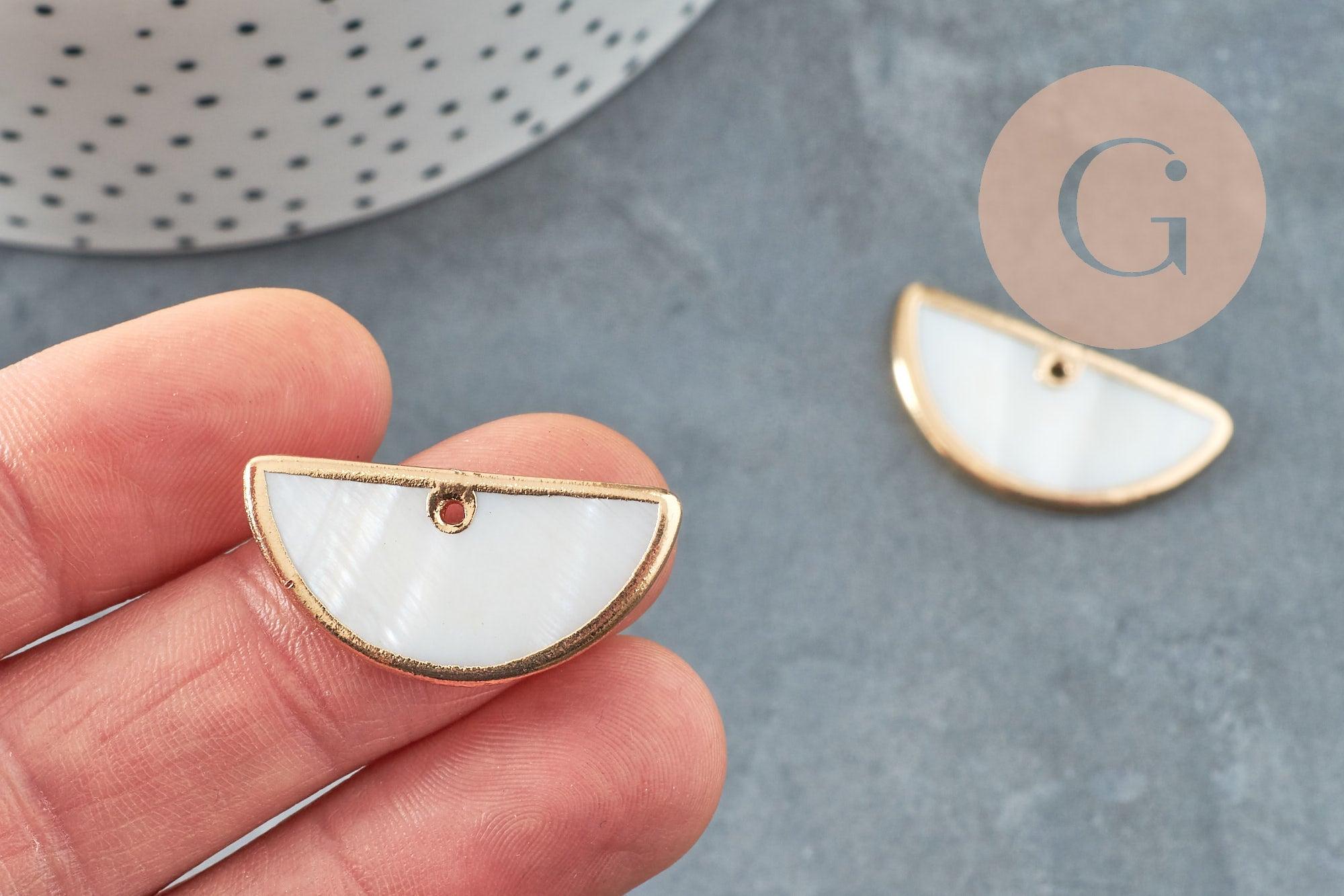 Pendentif nacre blanche naturelle doré demi-cercle,pendentif rond nacre,coquillage blanc, 30mm, x2 G2716