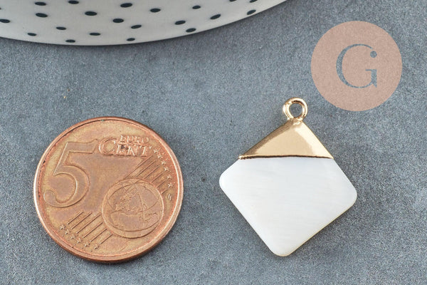 Pendentif nacre blanche naturelle doré losange,pendentif losange nacre,coquillage blanc, 23mm, x2 G2999
