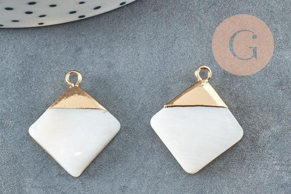 Pendentif nacre blanche naturelle doré losange,pendentif losange nacre,coquillage blanc, 23mm, x2 G2999
