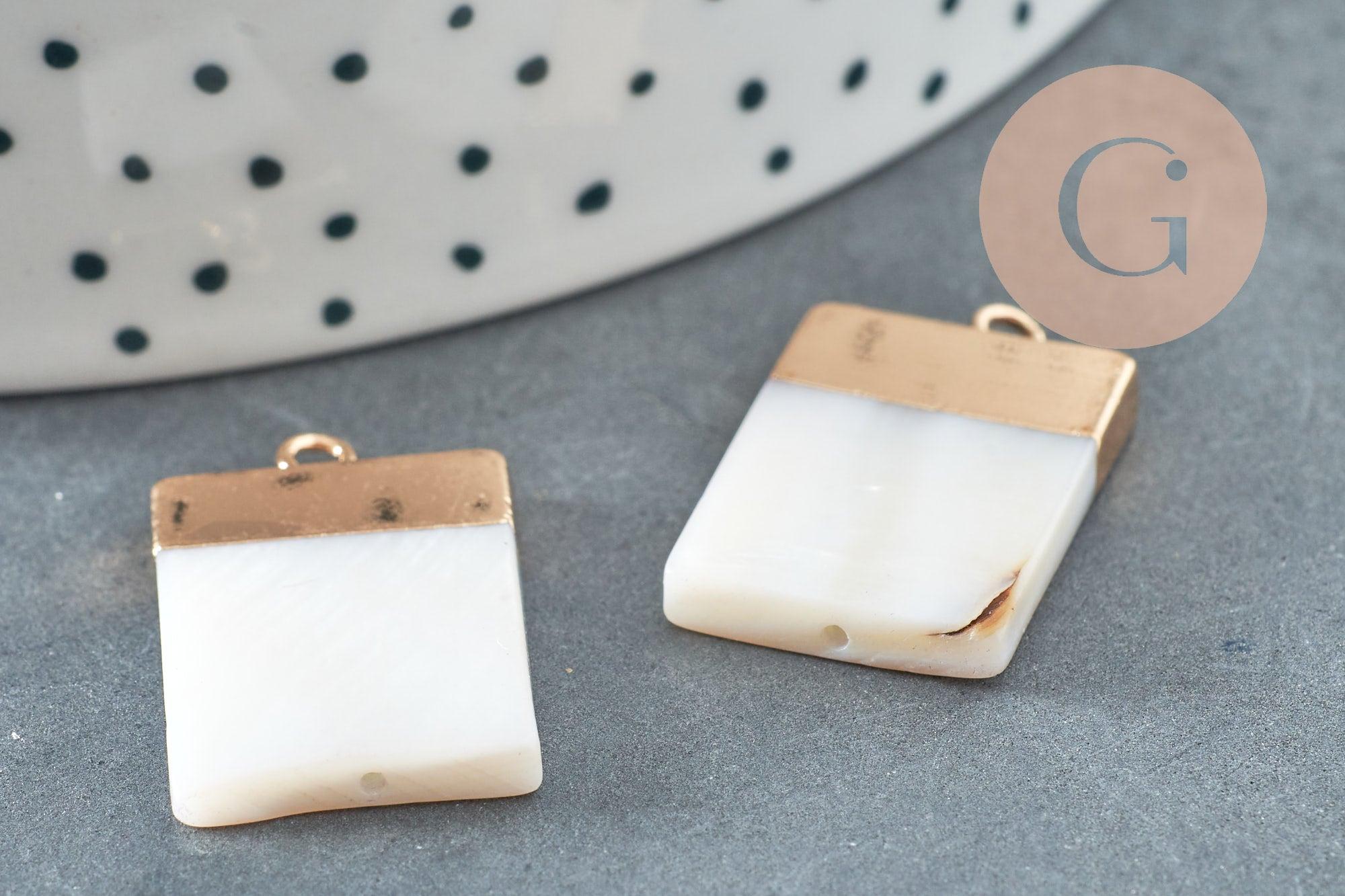 Pendentif nacre blanche naturelle doré rectangle 24mm,pendentif rond nacre,coquillage blanc, x2 G2579