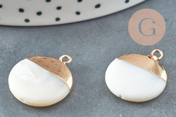 Pendentif nacre blanche naturelle doré,fourniture créative,pendentif rond nacre,coquillage blanc, 22.5mm, x2 G2548