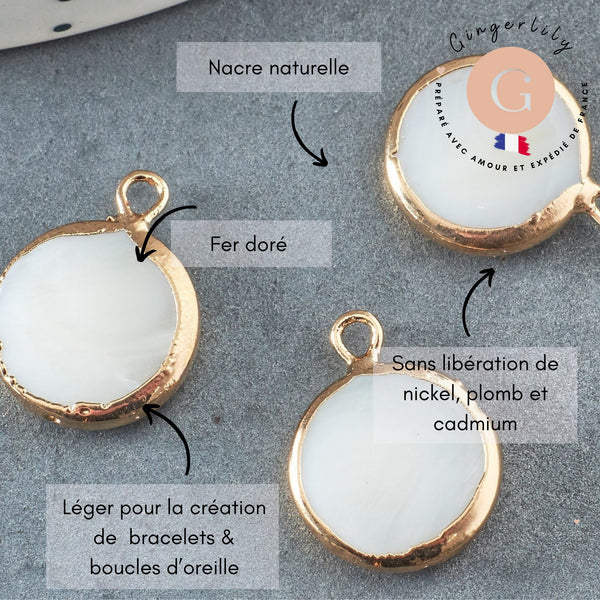 Pendentif nacre blanche naturelle fer doré 12mm, x1 (G2140)