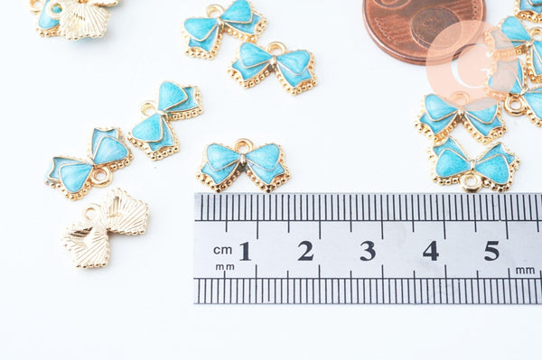Pendentif noeud doré émail bleu 10mm,pendentif doré pour création de bijoux, x5 (G6098)