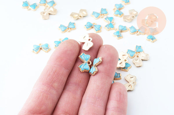 Pendentif noeud doré émail bleu 10mm,pendentif doré pour création de bijoux, x5 (G6098)