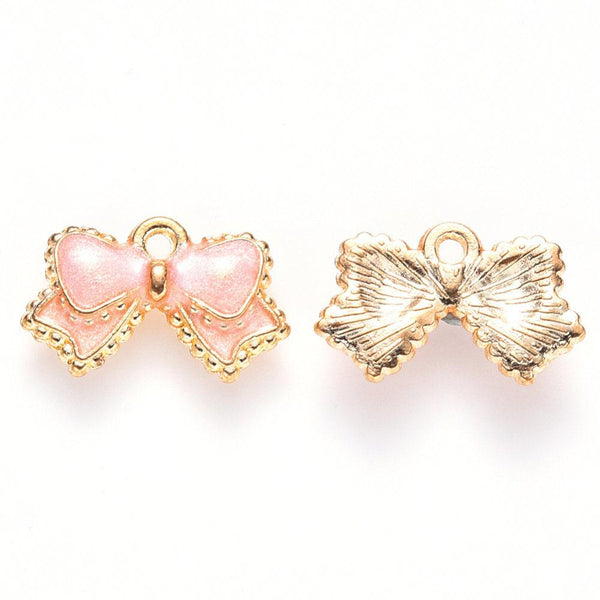 Pendentif noeud doré émail rose 10mm,pendentif doré pour création de bijoux x5 (G6097)