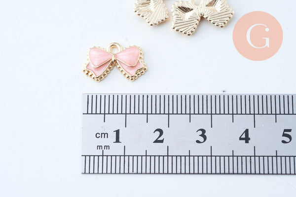 Pendentif noeud doré émail rose 10mm,pendentif doré pour création de bijoux x5 (G6097)