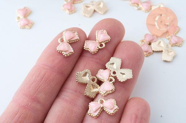 Pendentif noeud doré émail rose 10mm,pendentif doré pour création de bijoux x5 (G6097)