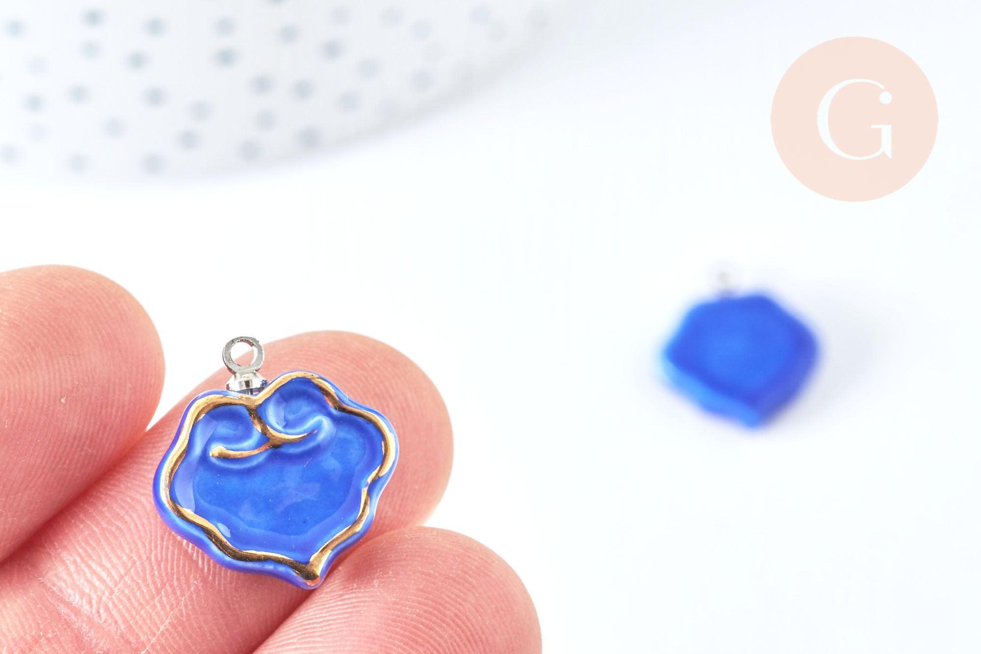 Pendentif nuage bleu porcelaine laiton Platine 17-18mm, pendentif porcelaine pour fabrication bijoux DIY, x1 (G7149)