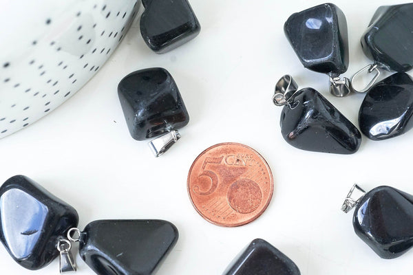 Pendentif obsidienne naturelle roulée acier inoxydable platine 15-35mm, x1 (G5558)