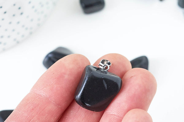 Pendentif obsidienne naturelle roulée acier inoxydable platine 15-35mm, x1 (G5558)