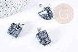 Pendentif obsidienne neige noire roulée acier inoxydable platine 15-35mm, x1 (G8634)