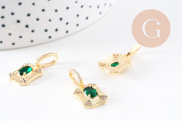 Pendentif octogone zircon blanc et vert laiton doré 18K 25mm, x1 (G10081)