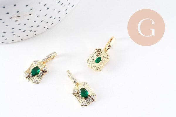 Pendentif octogone zircon blanc et vert laiton doré 18K 25mm, x1 (G10081)