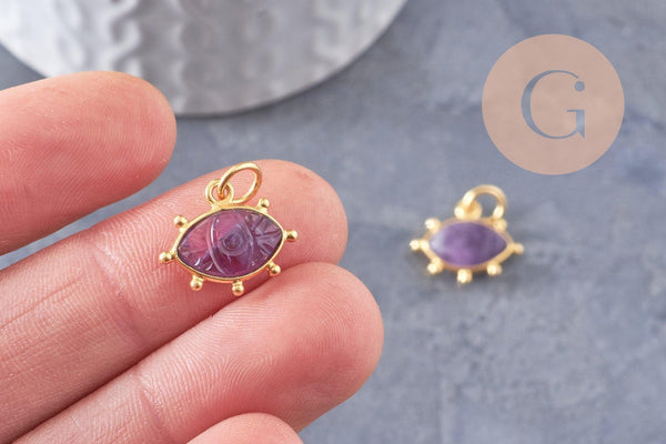 Pendentif oeil améthyste naturel argent 925 doré 18K 15mm,pendentif amulette pierre naturelle x1 (G9867)