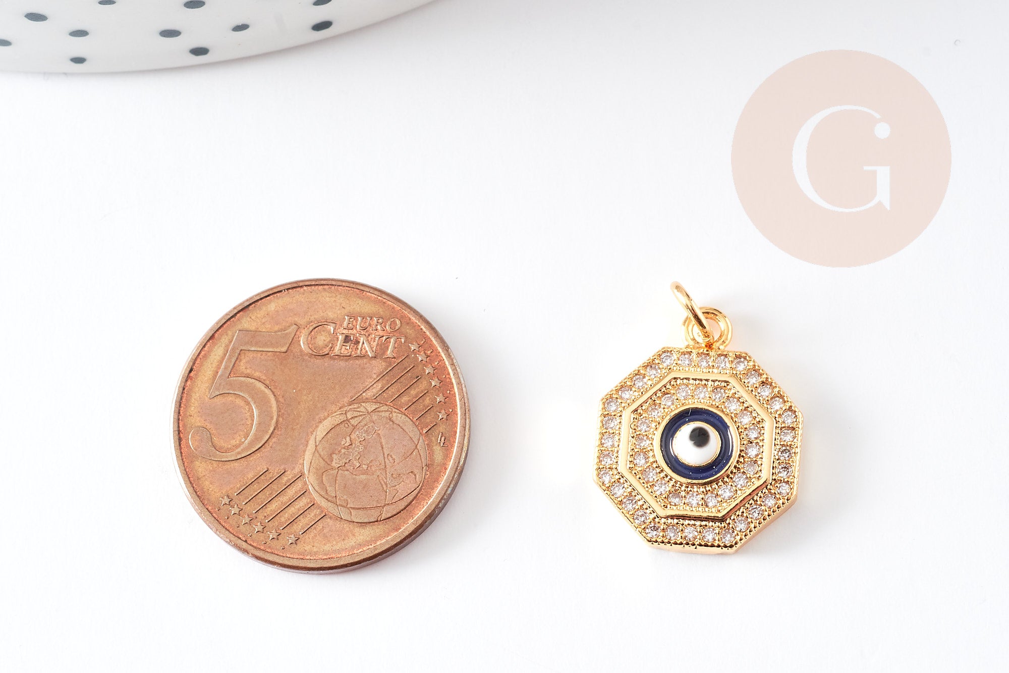 Pendentif œil cristal zircon octogone laiton doré 17mm, x1 (G3162)