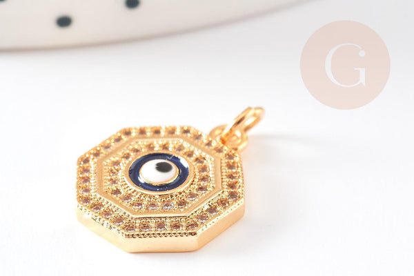 Pendentif œil cristal zircon octogone laiton doré 17mm,pendentif doré porte-bonheur or pour la création bijoux, x1 G3162