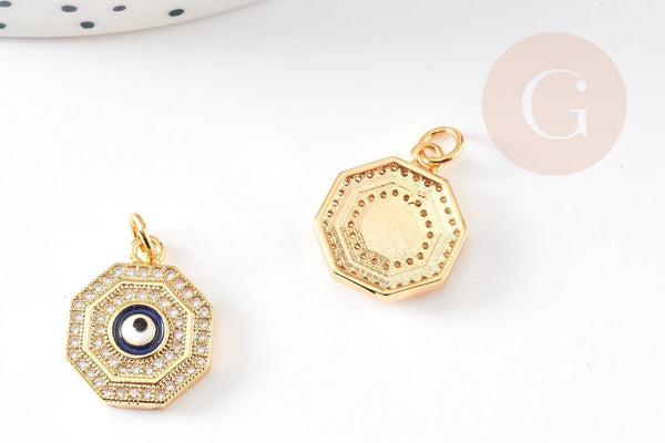 Pendentif œil cristal zircon octogone laiton doré 17mm,pendentif doré porte-bonheur or pour la création bijoux, x1 G3162