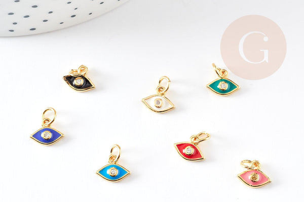 Pendentif œil doré cristal zircon émail coloré,pendentif doré,porte-bonheur,laiton doré, Pendentif œil,10mm, x2 G1818