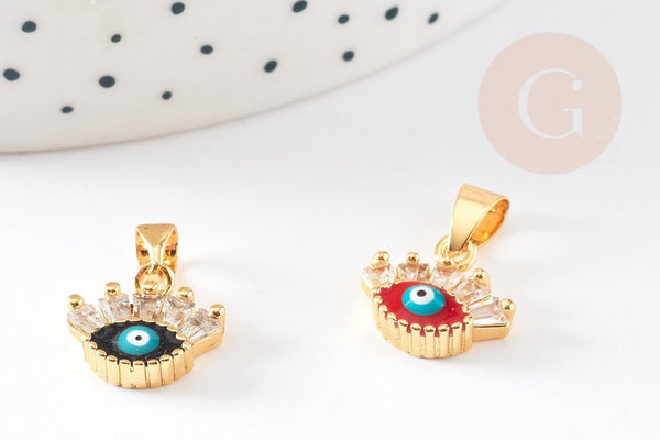 Pendentif oeil doré cristal zircon émaillé, pendentif doré, porte-bonheur,laiton doré,mauvais oeil,,12x13mm, x1 G3166